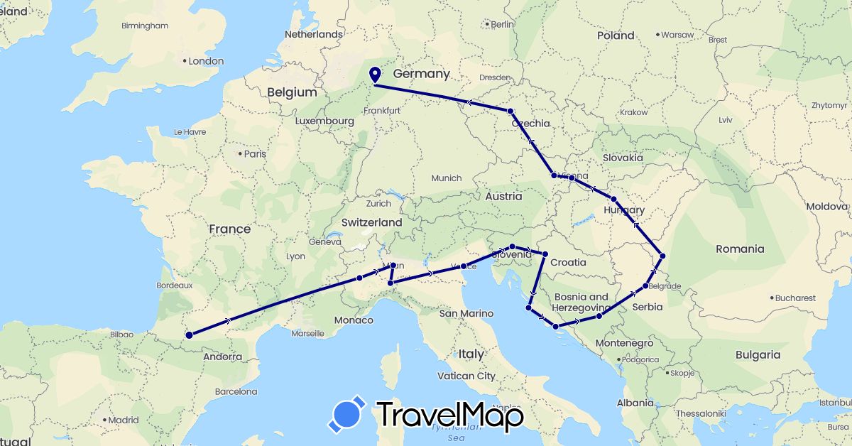 TravelMap itinerary: driving in Austria, Bosnia and Herzegovina, Czech Republic, Germany, France, Croatia, Hungary, Italy, Romania, Serbia, Slovenia, Slovakia (Europe)